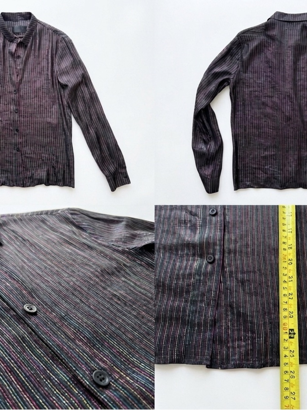R+A Silk Metallic Rainbow Stripe Sheer Button Down Blouse XS